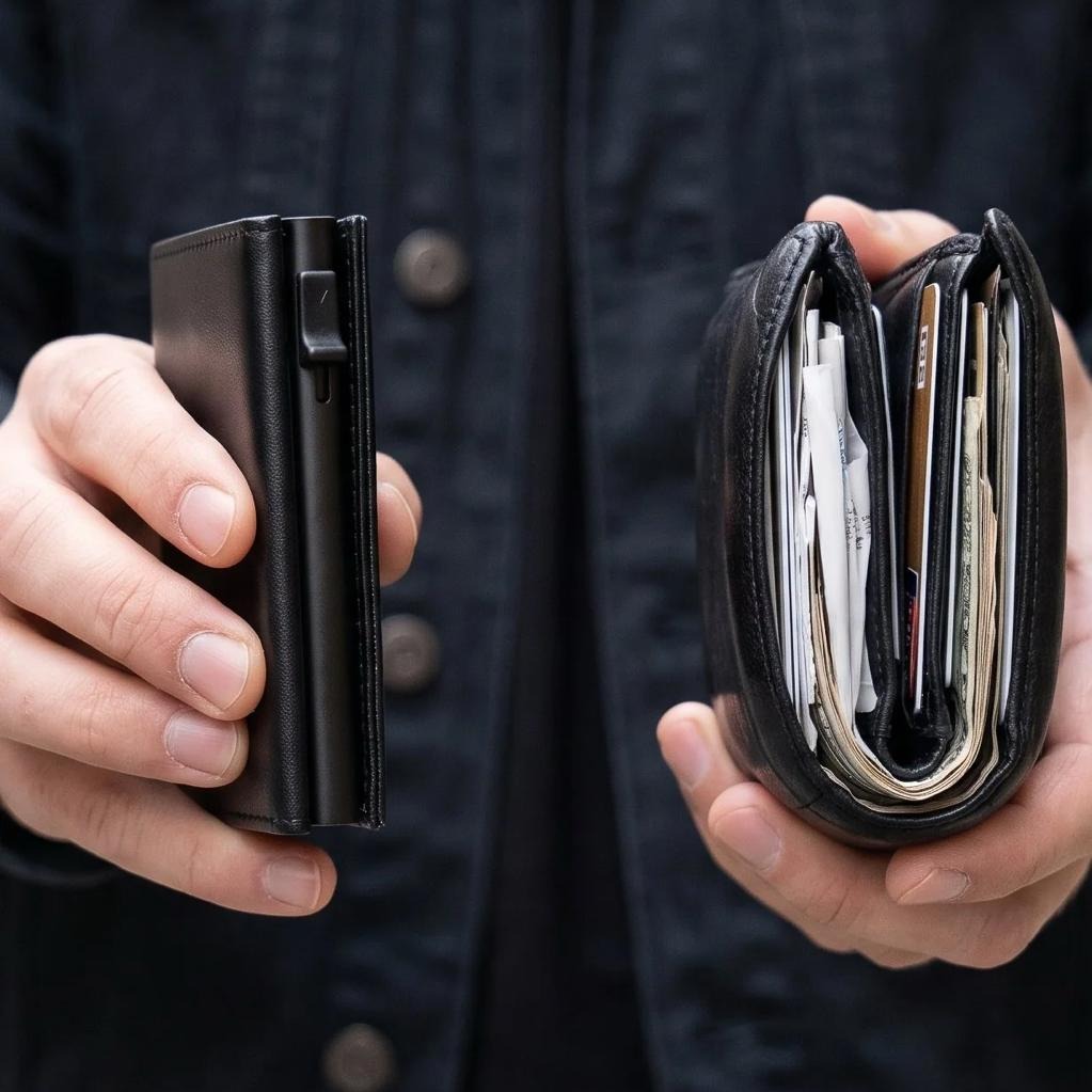 Ultra-slim in the pocket. Not the stuffed bifold.